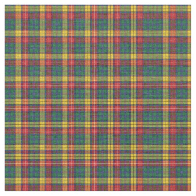 Plaid Clan Buchanan Tartan Green Red Yellow Check Fabric (Close Up)