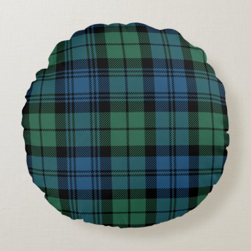 Plaid Clan Campbell Tartan Green Blue Black Check Round Pillow