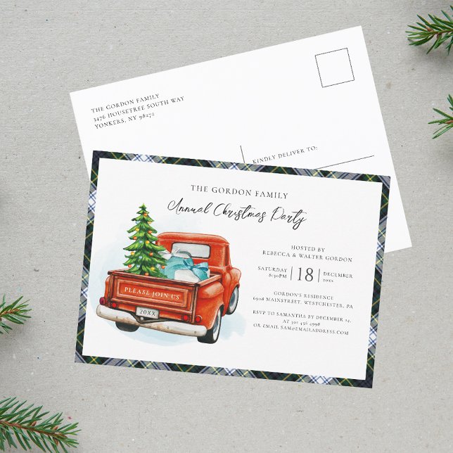 Plaid Clan Gordon Tartan Christmas Holiday Party Invitation Postcard (Rustic Christmas Party Invitation Red Truck Gordon Tartan Postcard)