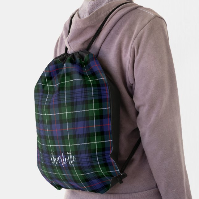 Plaid Clan MacKenzie Green Purple Tartan Drawstring Bag (Insitu)