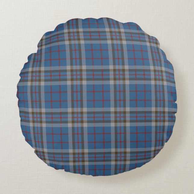 Plaid Clan Thompson Grey Blue Check Tartan Round Pillow (Front)