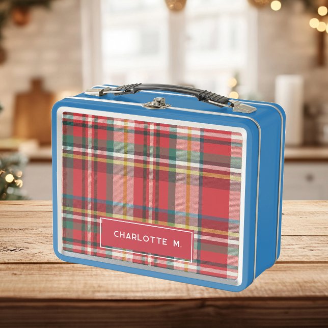 Plaid Classic Personalized Kids Name Rustic Metal Lunch Box (Red Gingham Blue Lunch Box Personalized)