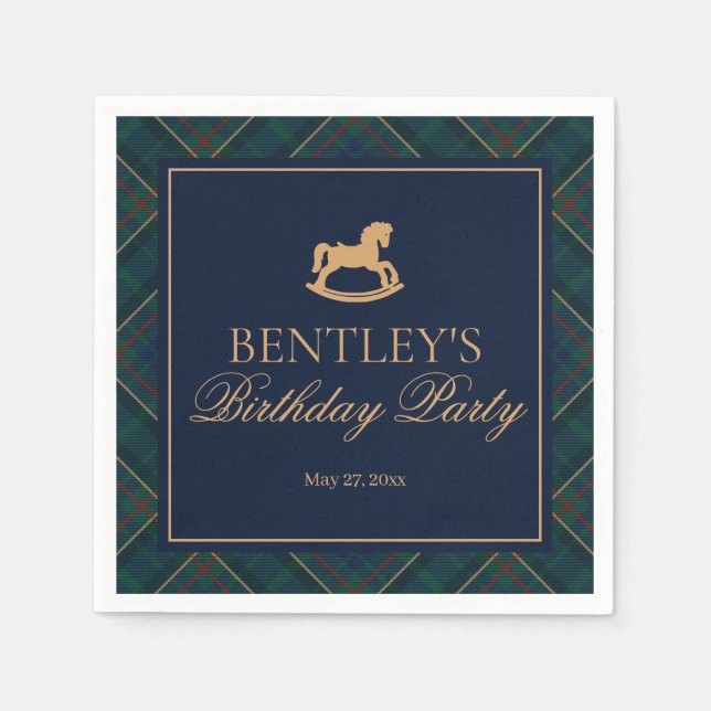 Plaid Classic Rocking Horse Birthday Party Dessert Napkins (Front)
