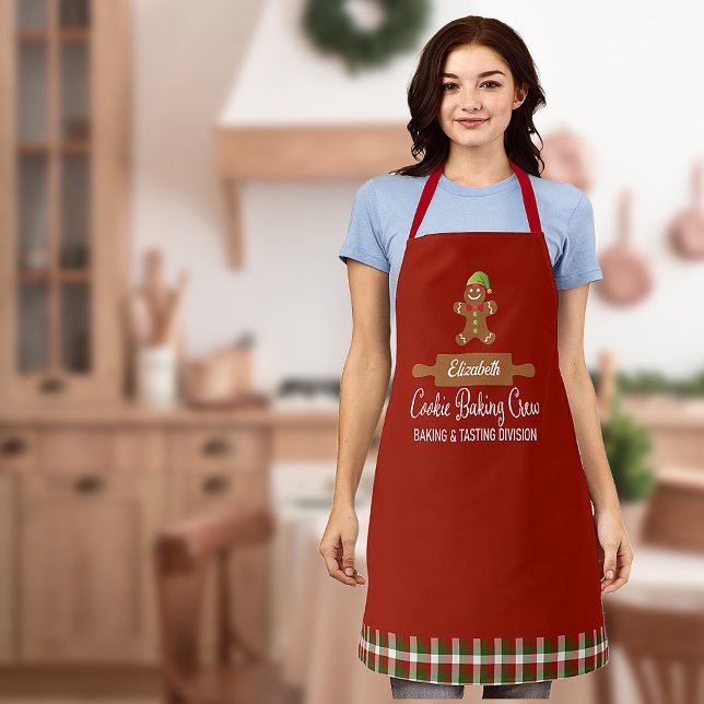  Plaid Cookie Baking Crew Red Christmas Apron (Christmas Cooking Baking Crew - Custom and personalized with name. Festive red plaid)