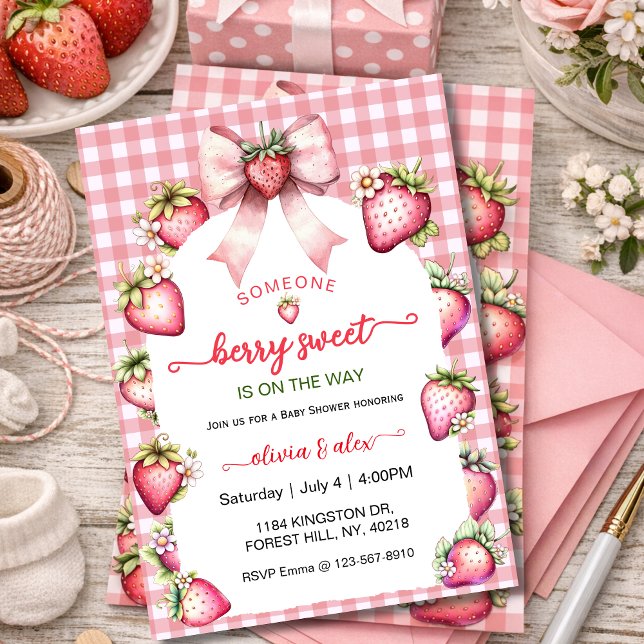 Plaid Coquette Berry Sweet Baby Shower Blush Berry Invitation (Creator Uploaded)