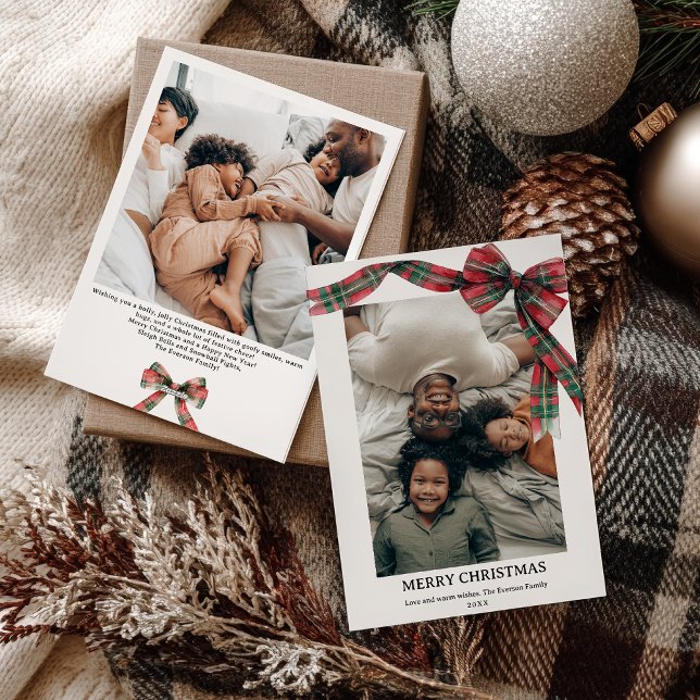 Plaid Coquette Bow Christmas Winter 2 Photo Holiday Card (Plaid Coquette Bow Christmas Winter 2 Photo Holiday Card)
