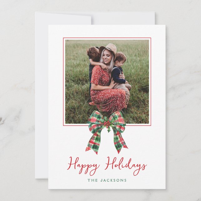 Plaid Coquette Bow & Holly Photo Christmas Holiday Card (Front)