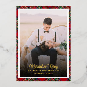 Plaid Couples Photo Tartan Christmas Gold Foil Holiday Card