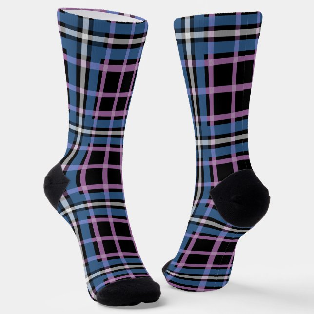 Plaid Crew Socks – Blue & Lavender Checkered Style (Angled)