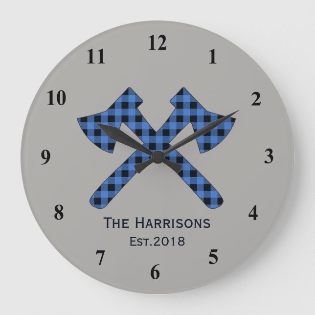 Plaid Cross Axes Blue Plaid Large Clock (Front)