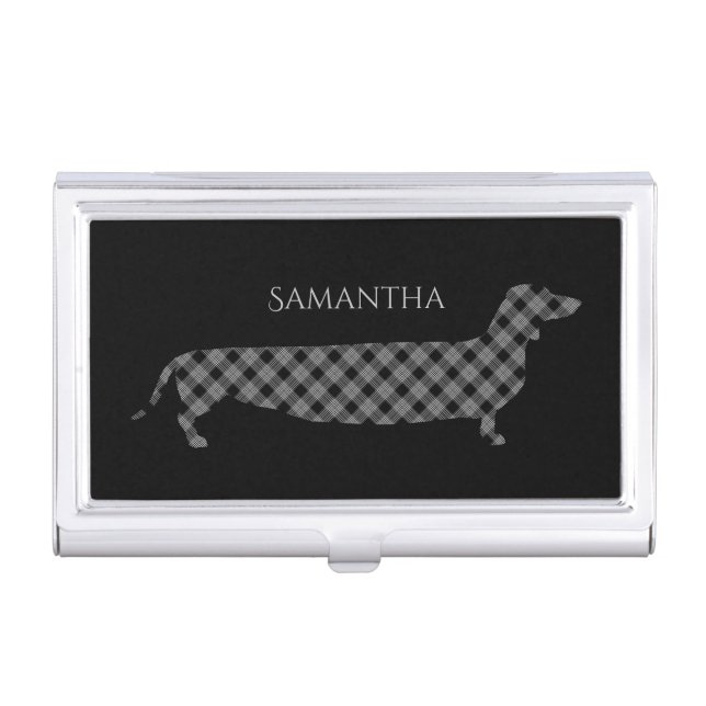 Plaid Dachshund on Black Business Card Case (Front)