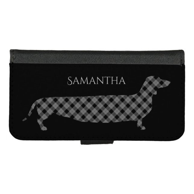 Plaid Dachshund on Black iPhone Wallet Case (Front (Horizontal))