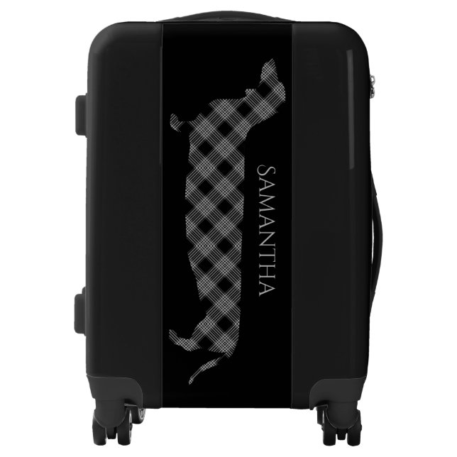 Plaid Dachshund on Black Luggage (Front)