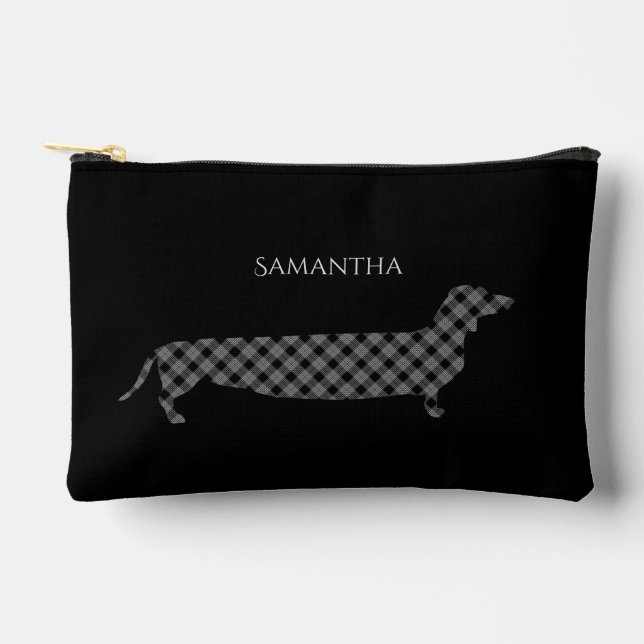 Plaid Dachshund on Black Personalised Accessory Pouch (Front)