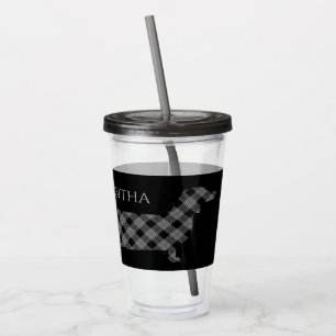 Plaid Dachshund on Black Personalised Acrylic Tumbler