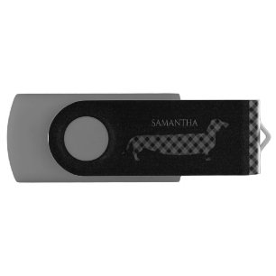 Plaid Dachshund on Black Personalised Flash Drive