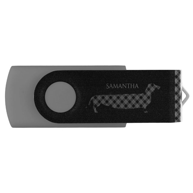 Plaid Dachshund on Black Personalised Flash Drive (Front)