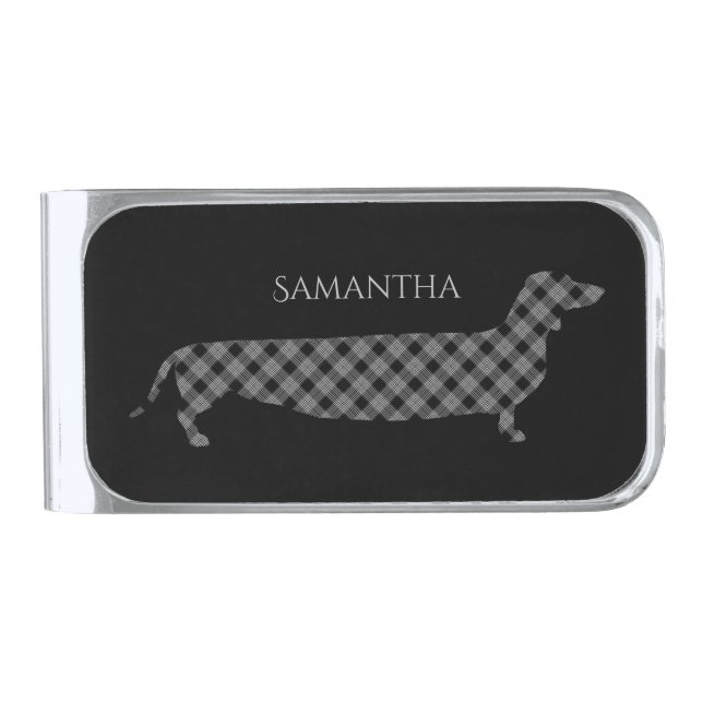 Plaid Dachshund on Black Personalised Silver Finish Money Clip (Front)