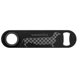 Plaid Dachshund on Black Speed Bottle Opener