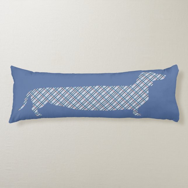Plaid Dachshund on Blue Body Pillow (Front)