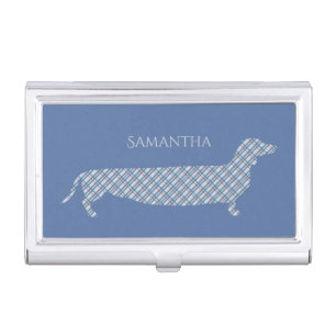 Plaid Dachshund on Blue Business Card Case
