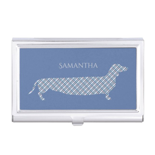 Plaid Dachshund on Blue Business Card Case (Front)