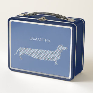 Plaid Dachshund on Blue Metal Lunch Box