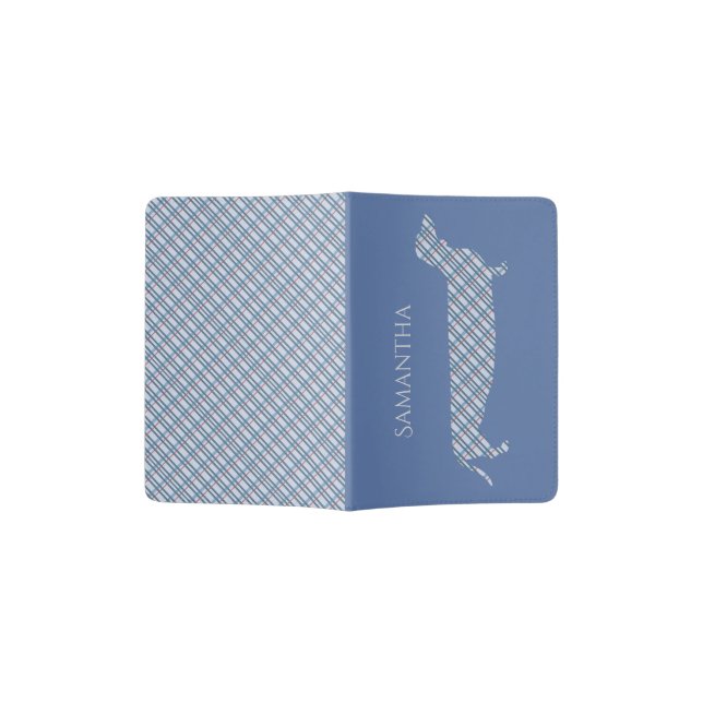 Plaid Dachshund on Blue Passport Holder (Opened)