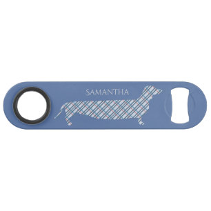 Plaid Dachshund on Blue Personalised Bar Key