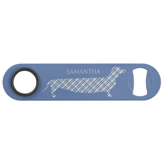 Plaid Dachshund on Blue Personalised Bar Key (Front (Horizontal))