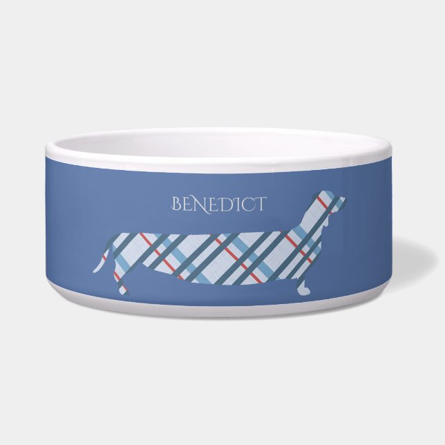 Plaid Dachshund on Blue Personalised Bowl (Front)