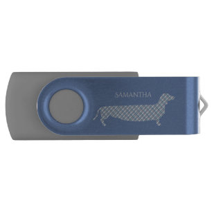 Plaid Dachshund on Blue Personalised Flash Drive