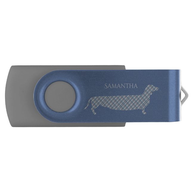 Plaid Dachshund on Blue Personalised Flash Drive (Front)
