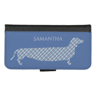 Plaid Dachshund on Blue Personalised iPhone 8/7 Wallet Case
