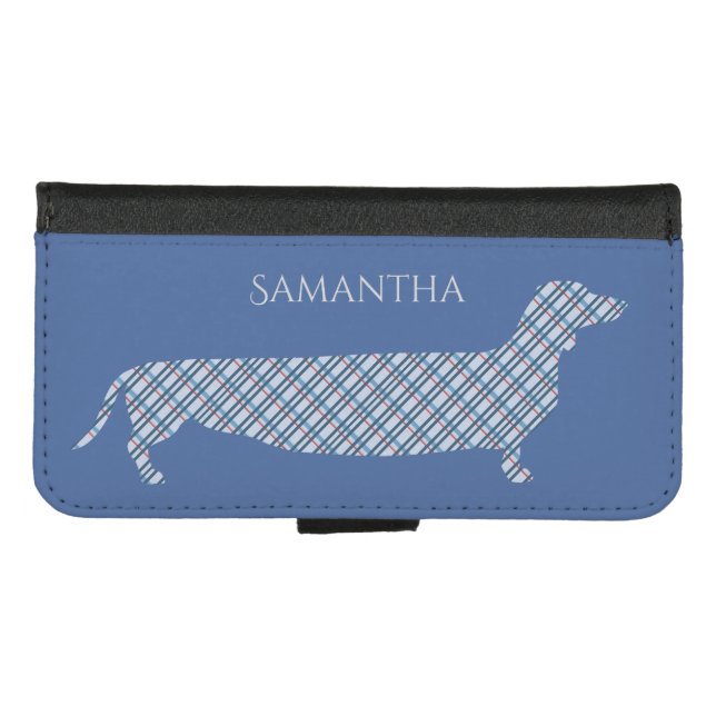 Plaid Dachshund on Blue Personalised iPhone Wallet Case (Front (Horizontal))