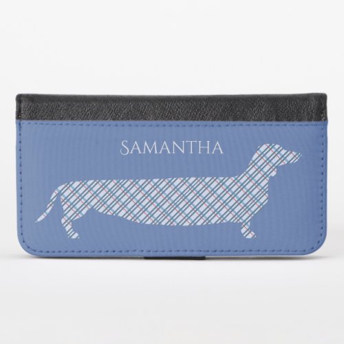 Plaid Dachshund on Blue Personalised iPhone X Wallet Case