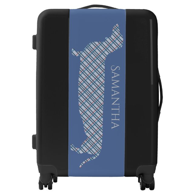Plaid Dachshund on Blue Personalised Luggage (Front)