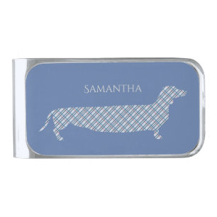 Plaid Dachshund on Blue Personalised Silver Finish Money Clip