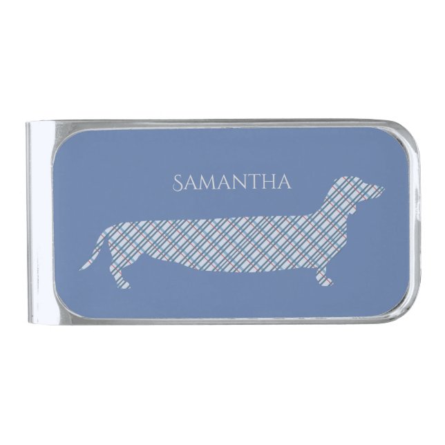 Plaid Dachshund on Blue Personalised Silver Finish Money Clip (Front)