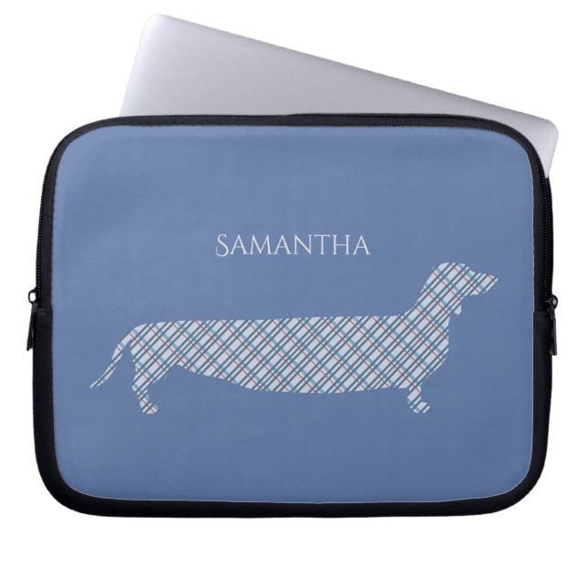 Plaid Dachshund on Blue Personalized Laptop Sleeve (Front)