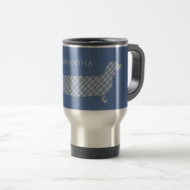Plaid Dachshund on Blue Travel Mug (Front Right)
