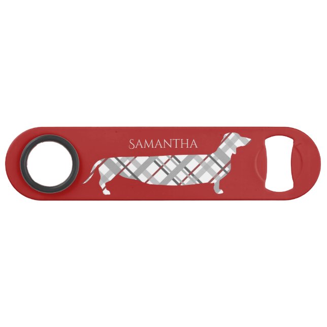 Plaid Dachshund on Red Bar Key (Front (Horizontal))