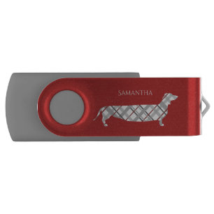 Plaid Dachshund on Red Flash Drive