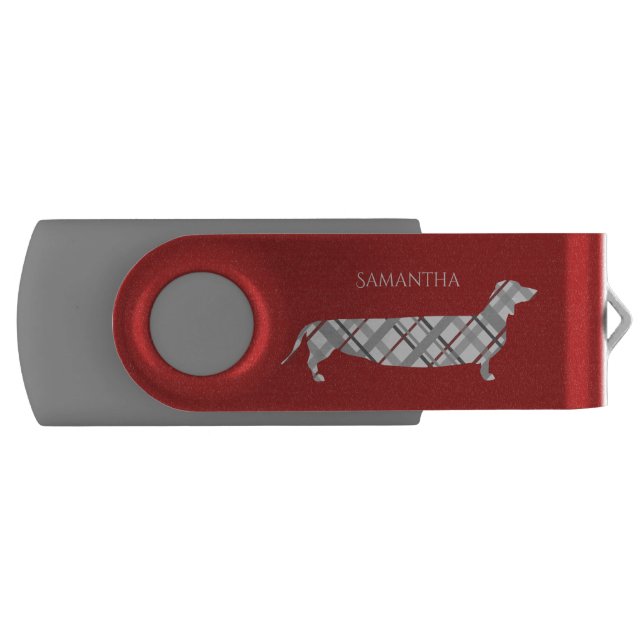 Plaid Dachshund on Red Flash Drive (Front)