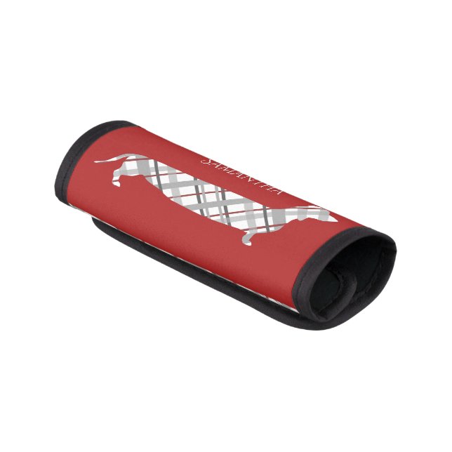 Plaid Dachshund on Red Luggage Handle Wrap (Angled)