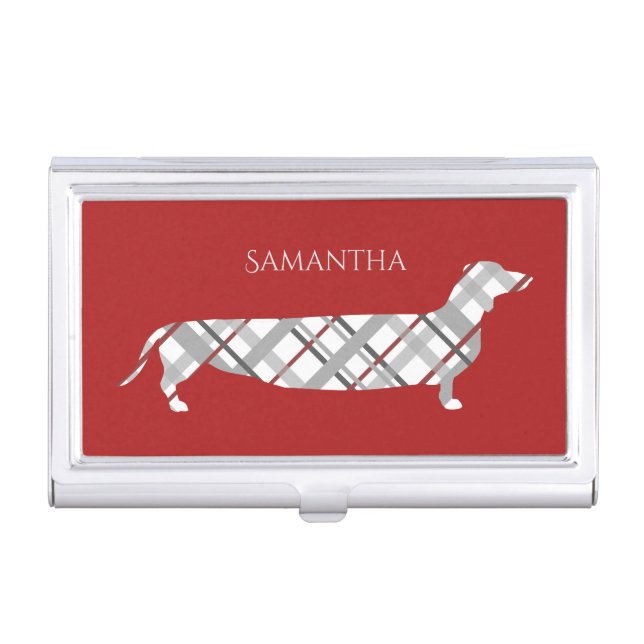 Plaid Dachshund on Red Personalised Business Card Case (Front)