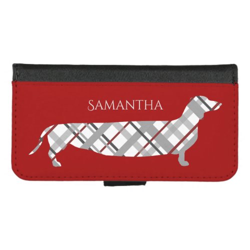 Plaid Dachshund on Red Personalised iPhone 87 Wallet Case