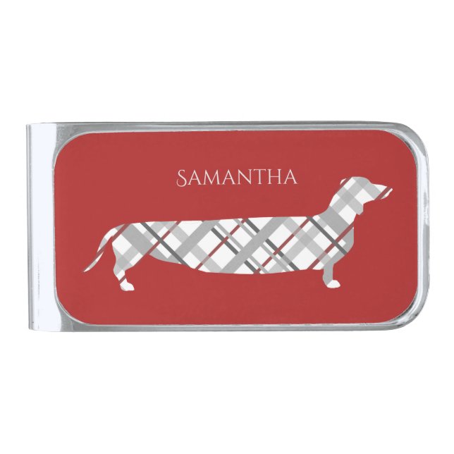 Plaid Dachshund on Red Personalised Silver Finish Money Clip (Front)