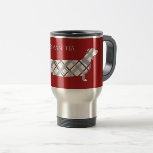 Plaid Dachshund on Red Personalised Travel Mug