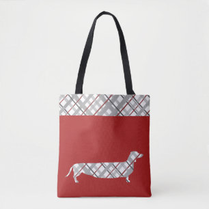 Plaid Dachshund on Red Tote Bag